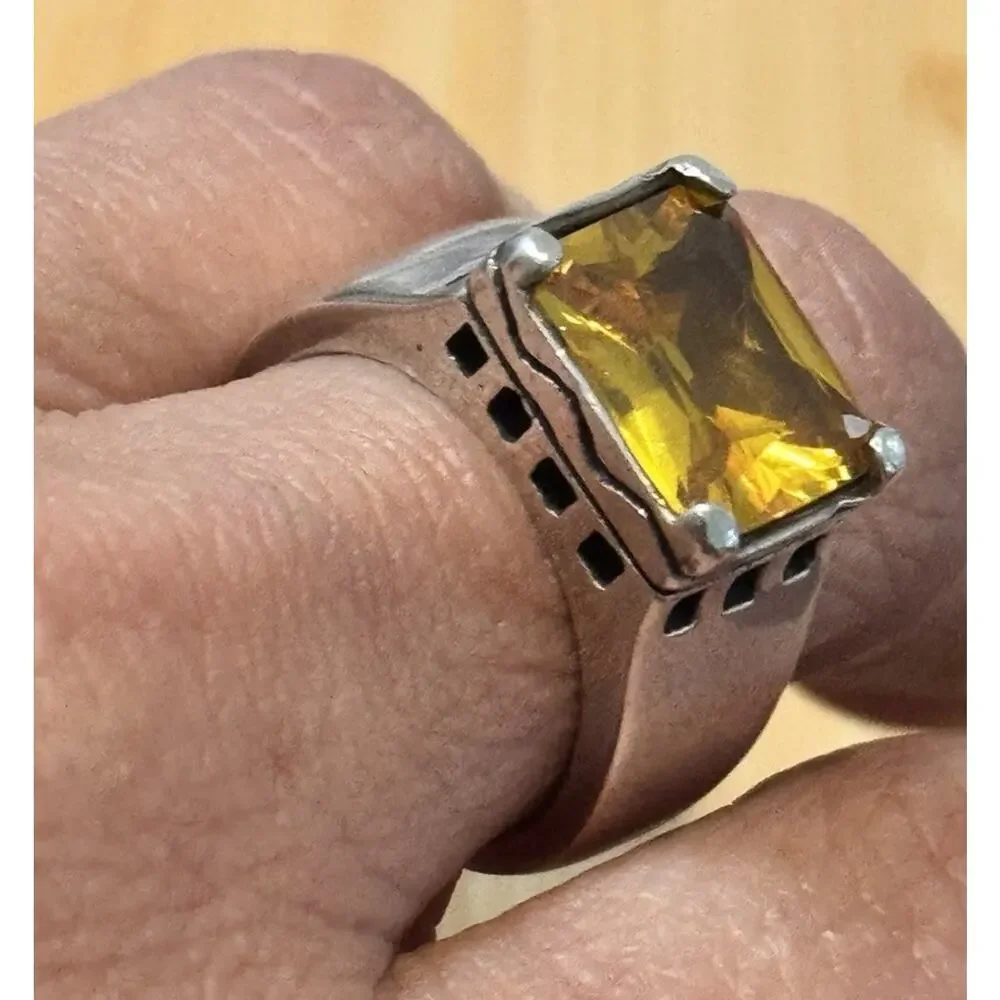 Vintage EX EX Sterling Silver 4-5 Carat Citrine Emerald Cut 925 Ring Size 8, 15g